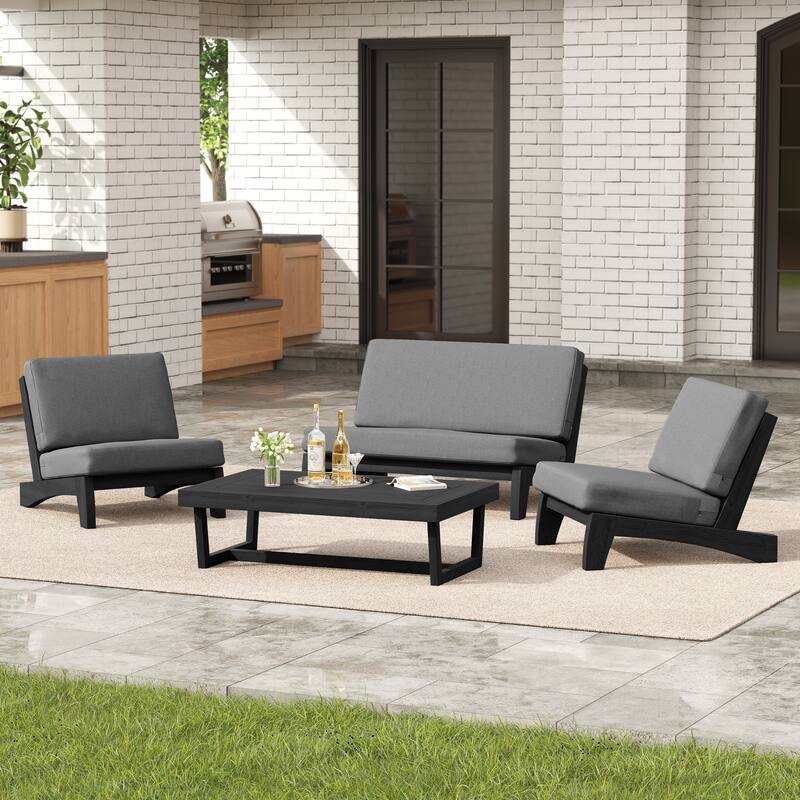 4 Set Outdoor Patio Teak Wood Club Chairs Loveseat with Coffee Table - Grey - BlackFrame