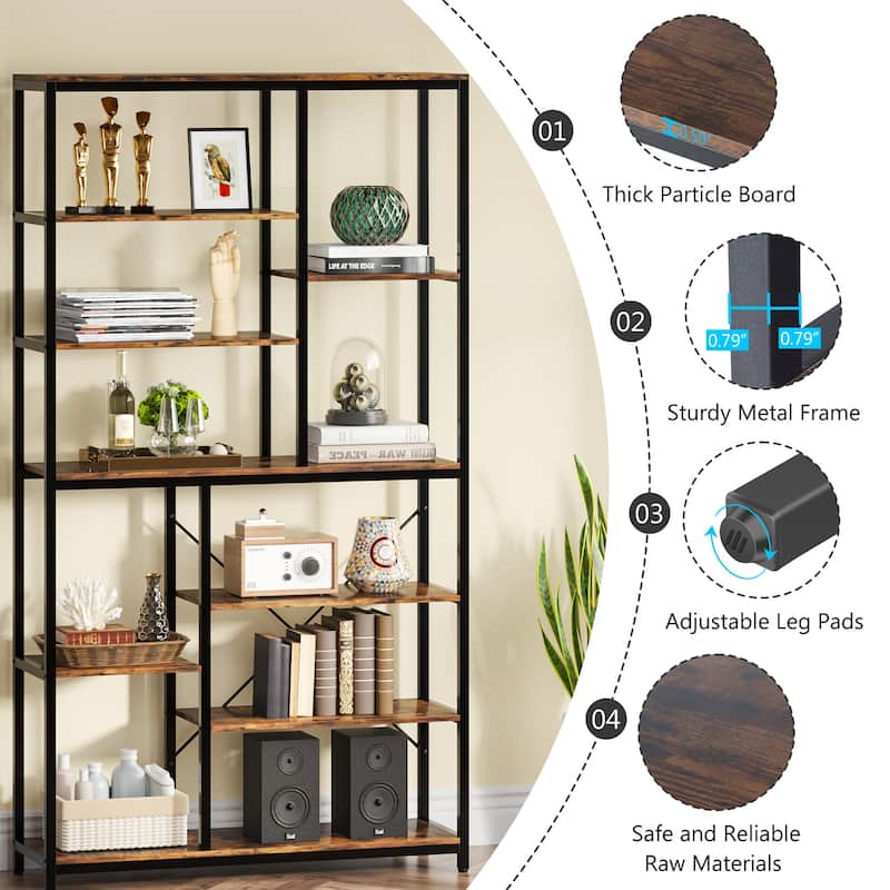 Industrial 8-Tier Large Bookshelf, Wood Etagere Bookcase, Book Shelving Units Storage Shelf, 79 Inches