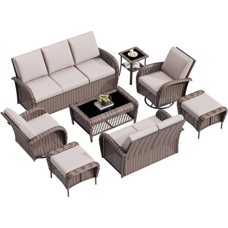 EROMMY Outdoor Wicker Patio Set with Swivel Chairs, Sofa, Ottomans and Tables, All-Weather Conversation Furniture for backyard.