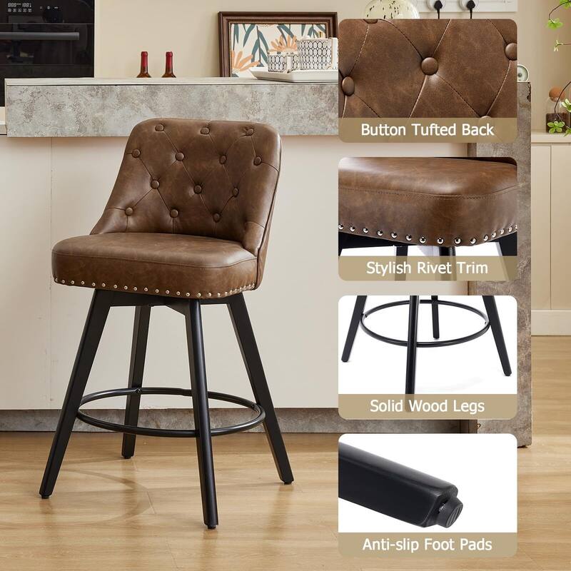 Bar Stools Set of 2, 26" Seat Height Barstools, Swivel Bar Chairs with Upholstered, Footrest, Backrest and Metal Legs