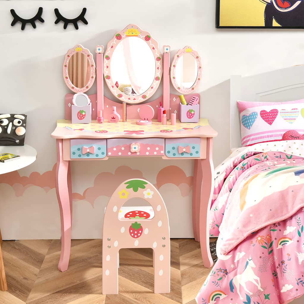 Costway Kids Vanity Princess Makeup Dressing Table Chair Set w/