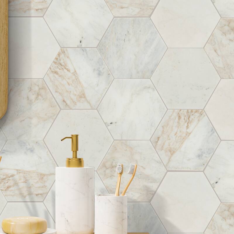Ackland AKM-S-8X8HTH-CA 8" x 9" Marble Geometric Floor and Wall Tile - - Castella de Blanc