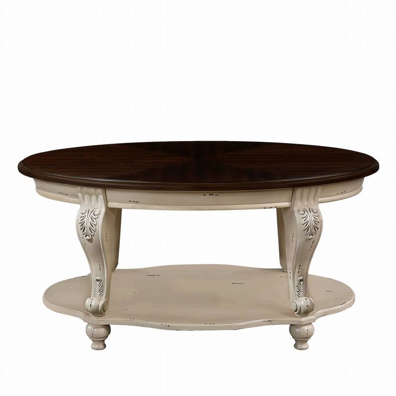 42 Inch Oval Wood Coffee Table with 2-Tier Open Shelf