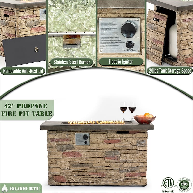42" Propane Rectangular Concrete Gas Fire Pit with 50000 BTU