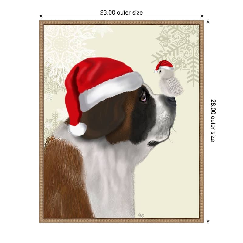 Christmas St Bernard and Fluffy Owl by Fab Funky (23 x 28 in.), Framed Canvas Wall Art Print - Sylvie Beaded Rustic Natural
