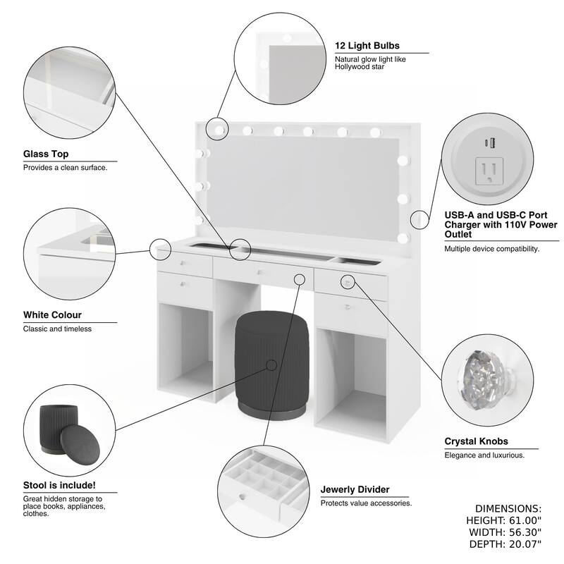 Makeup Vanity Desk w/ Free Black Storage Stool, LED Mirror, 5 Drawers, extra Storage, USB, Power Outlet