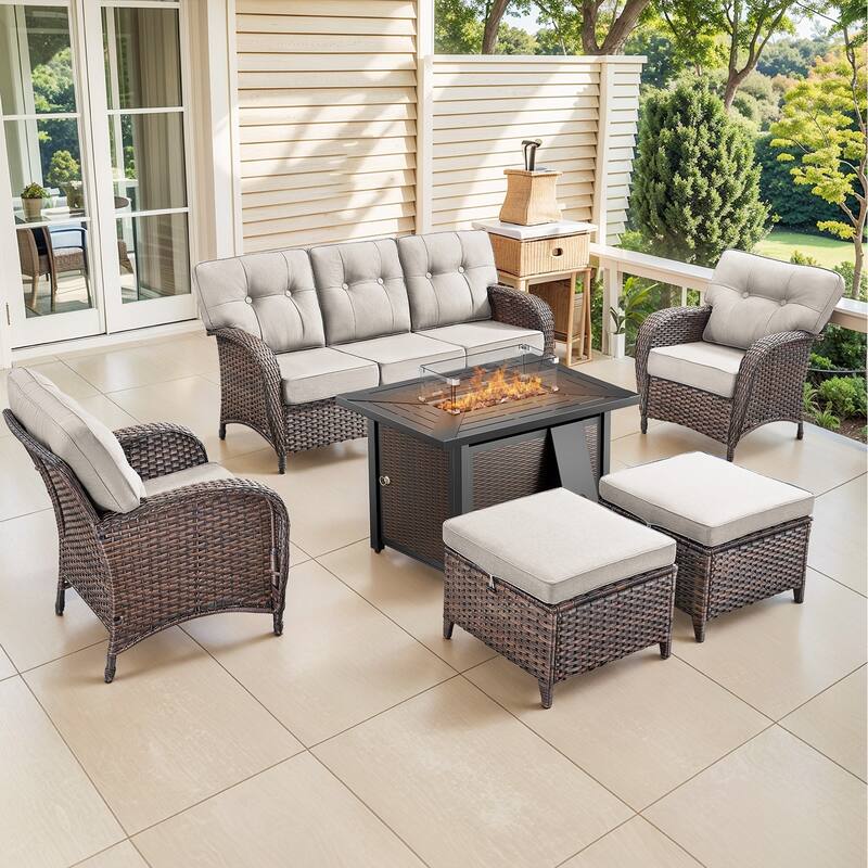 Pocassy Outdoor 43 In Fire Table with Sofa Patio Swivel Chair Set - Brown Wicker Beige Cushion - 8-Piece Sofa Patio Chair Ottoman with Fire Table
