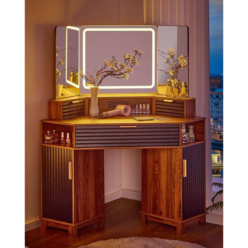 Corner Vanity Desk with Lighted Mirror Drawers Shelves Storage Stool - Brown