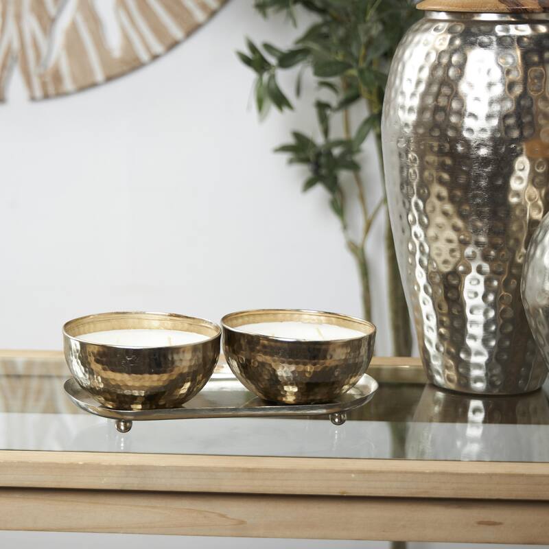 Metal Scented Hammered 12 oz 2 Wick Decorative Candle with White Wax - Set of 2 Gold, Copper, Silver - Roche River Decor
