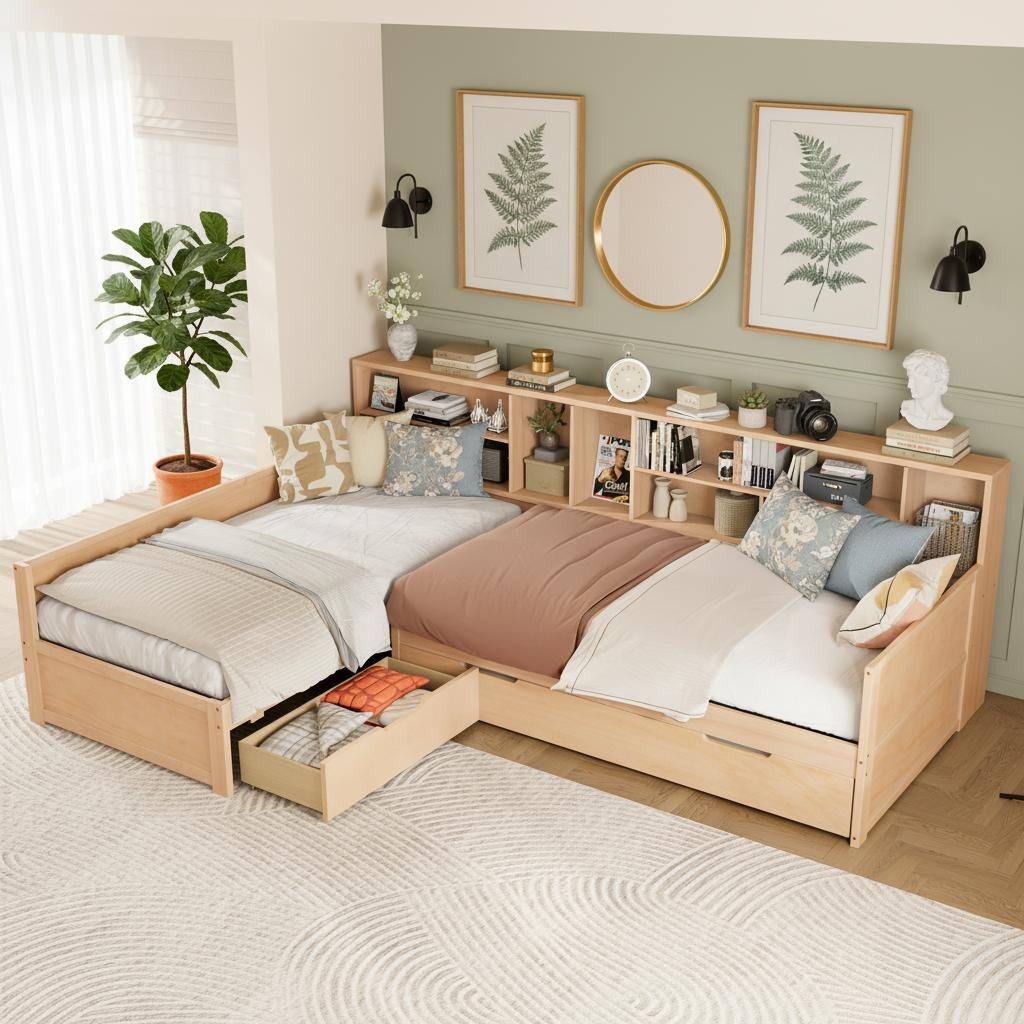Twin L-Shaped Daybed with Built-In Bookcase, Storage Drawers & Trundle by Harper&Bright Designs