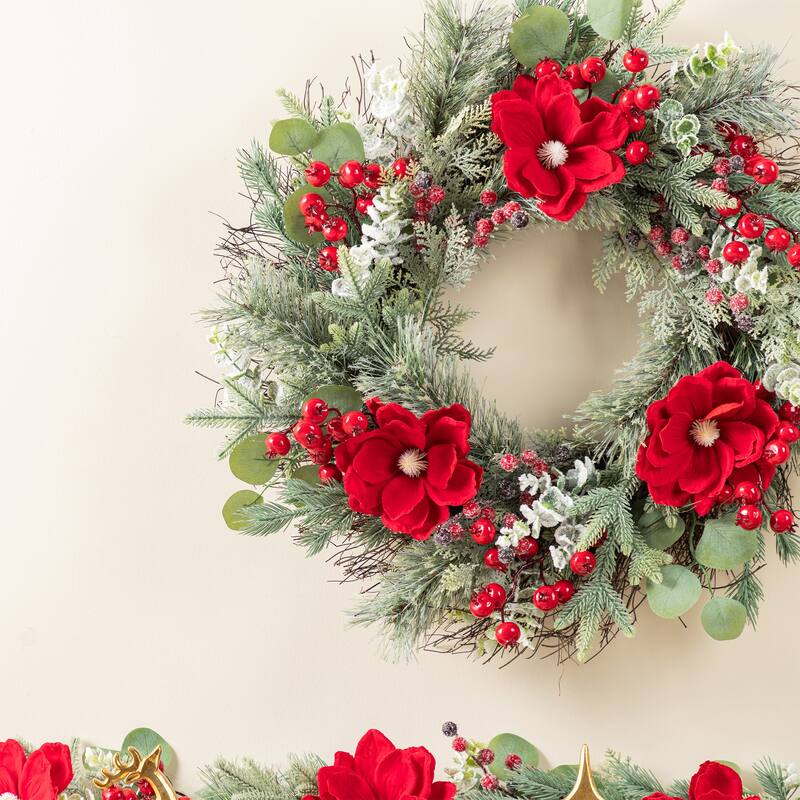 Glitzhome Christmas Red Mangnolia & Berry Wreath Garland Teardrop Hanging Decor