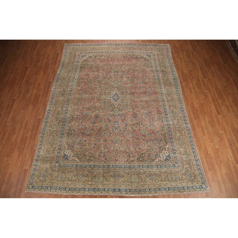 Hand Knotted Oriental 100% Wool Carpet Traditional Floral Pink Mashad Area Rug - 12' 5'' X 9' 4''