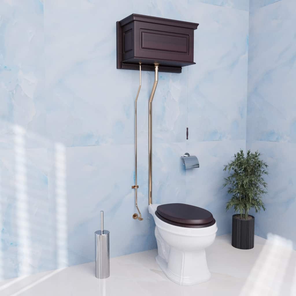 High Tank Toilet Dark Oak Finish Wooden Tank, Round Rear Entry Bowl And L Pipes Renovators Supply