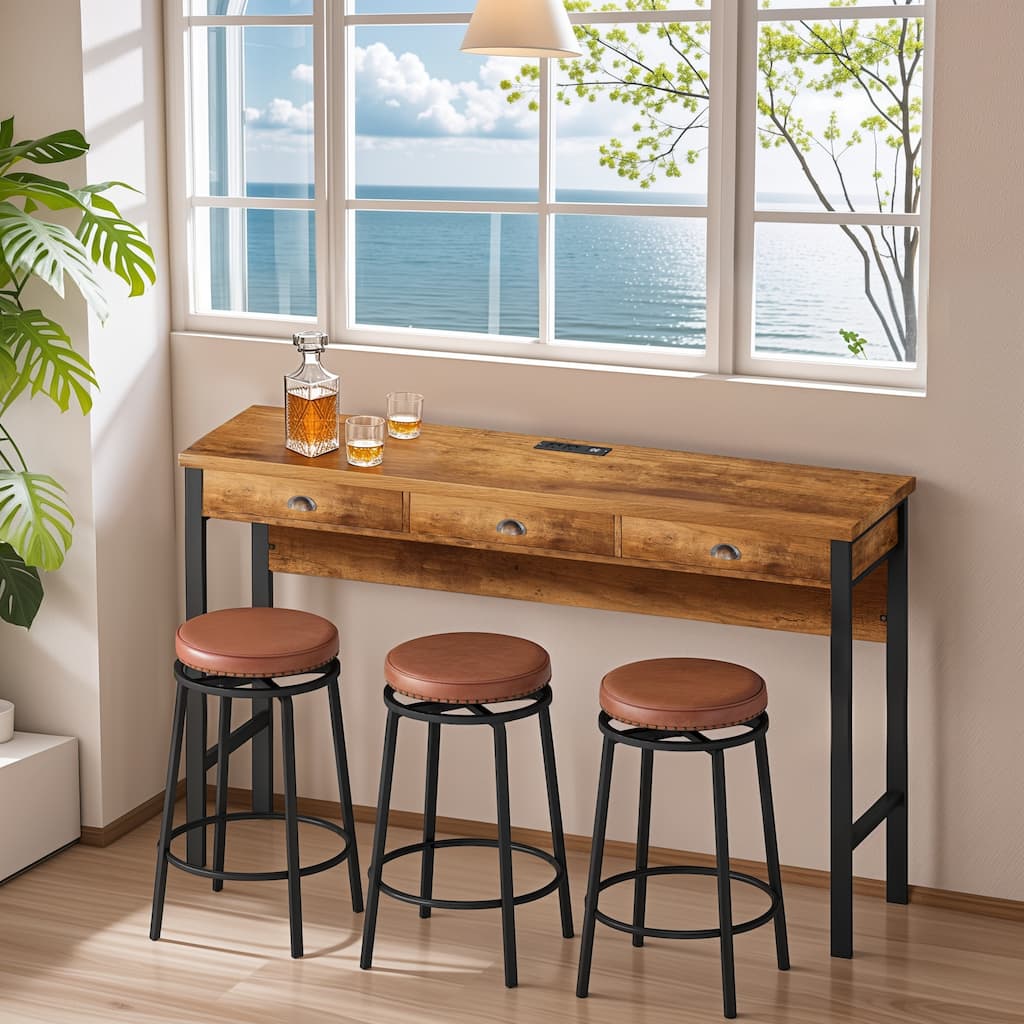 3-Drawer Long Dining Table Set with Power Outlets