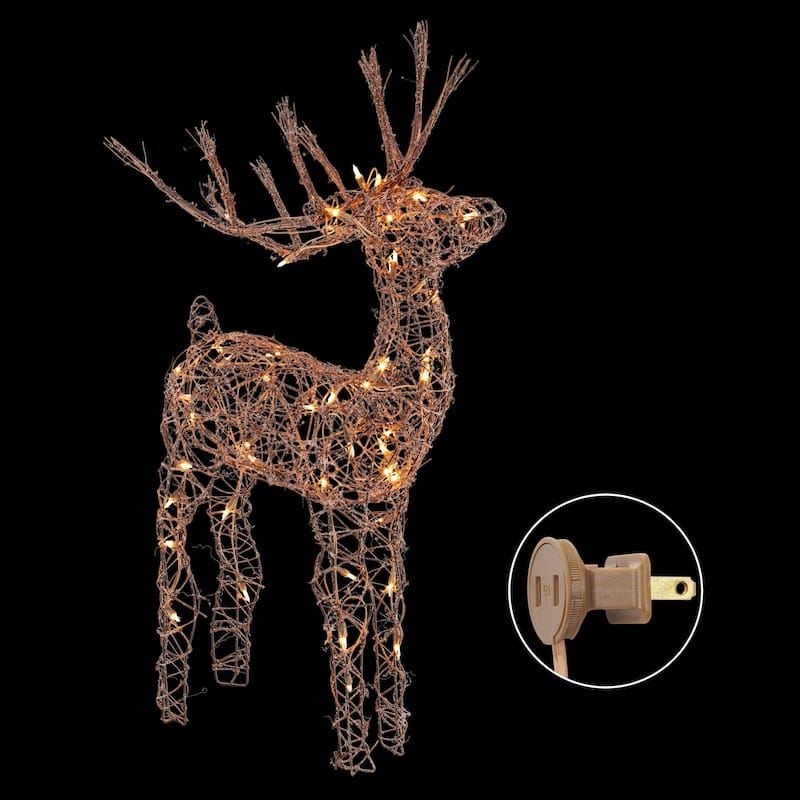 Alpine Corporation 35"H Outdoor Rattan Holiday Reindeer Lawn Decoration with White Lights , Christmas Decoration
