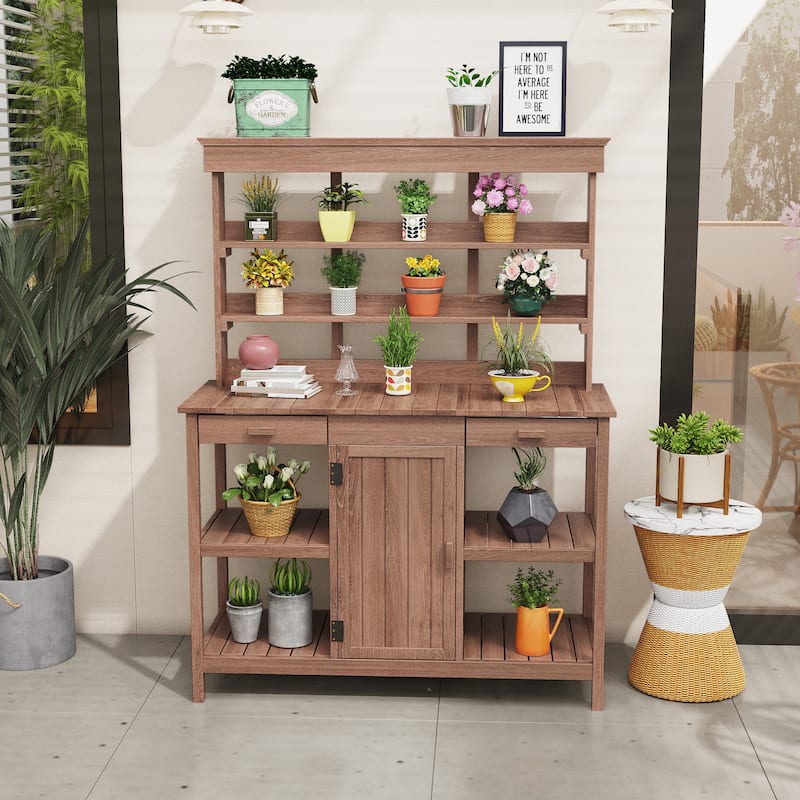 66" Large Outdoor Farmhouse Wooden Potting Bench Table - Brown