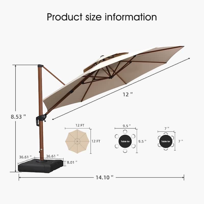 PURPLE LEAF 10/11/12ft Round Wood Pattern Patio Cantilever Umbrella with Base
