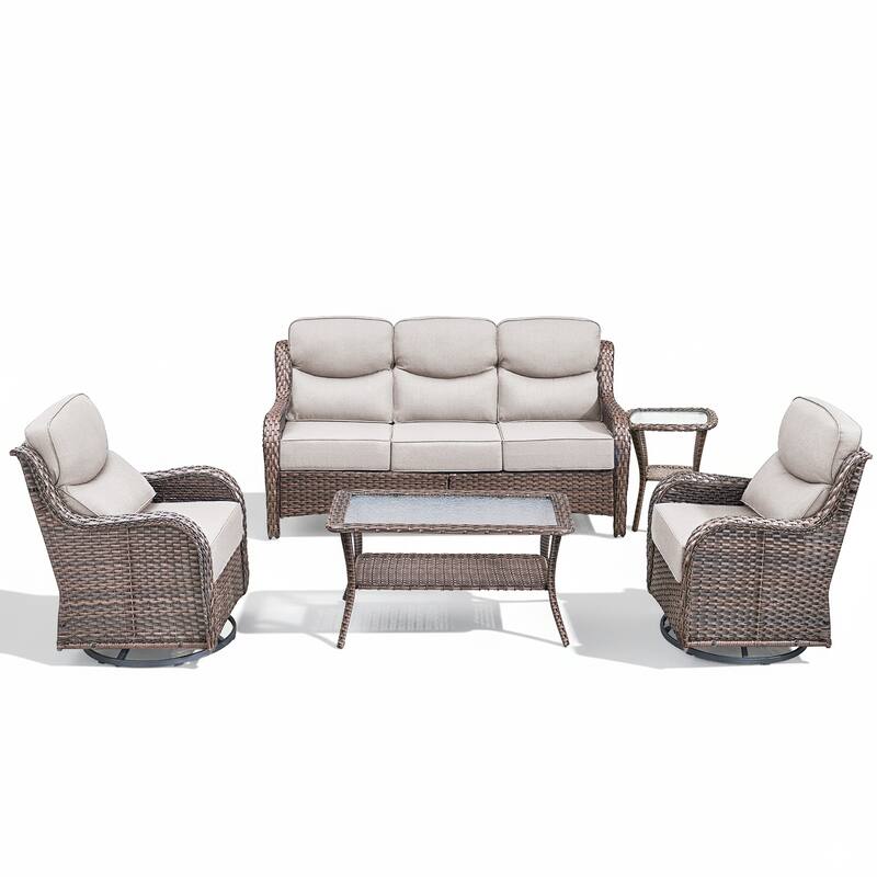 Meyreso 7-Piece Wicker Patio Conversation Set with Swivel Gliders and 6-Inch Thick Cushions