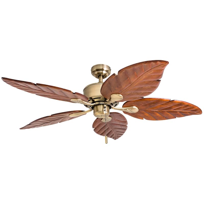 52" Honeywell Royal Palm Aged Brass LED Ceiling Fan with Light, Hand Carved Solid Wood Blades