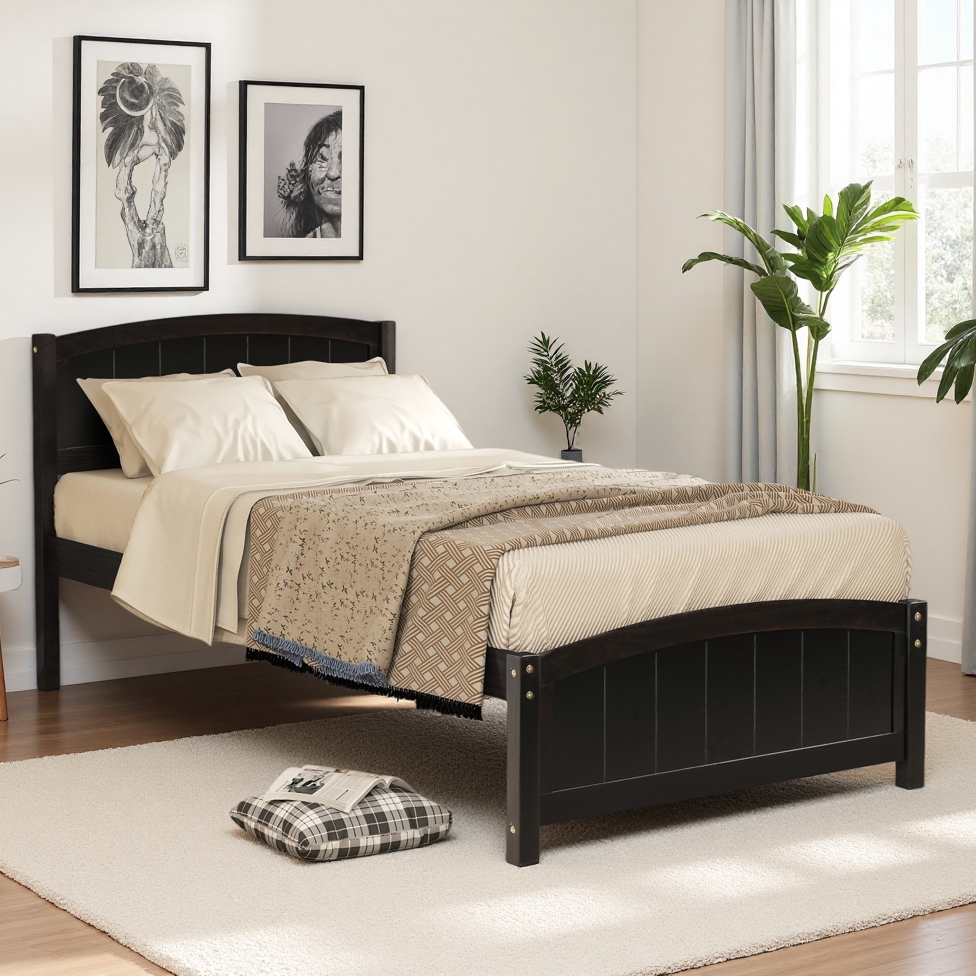 Twin Size Wood Platform Bed with Headboard, Footboard, and Wood Slat Support
