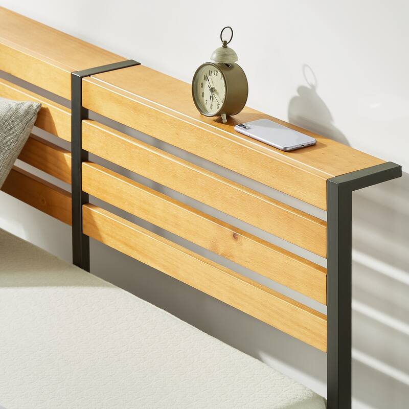 KASI Metal Platform Bed with Pine Wood Headboard Shelf By Crown Comfort