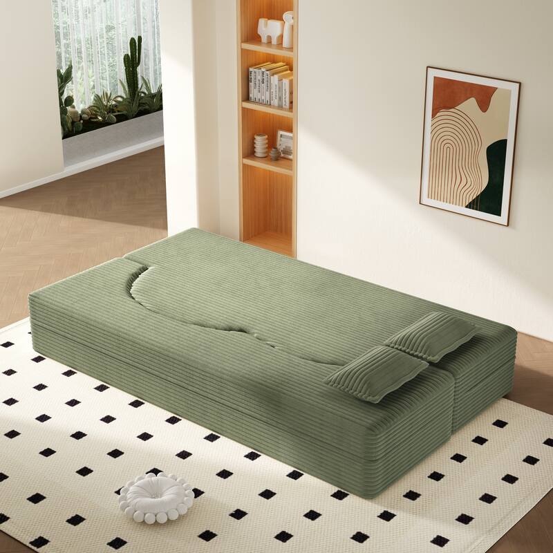 Convertible Floor Sofa with Corduroy Fabric, Twin Mattress & No Assembly - Green