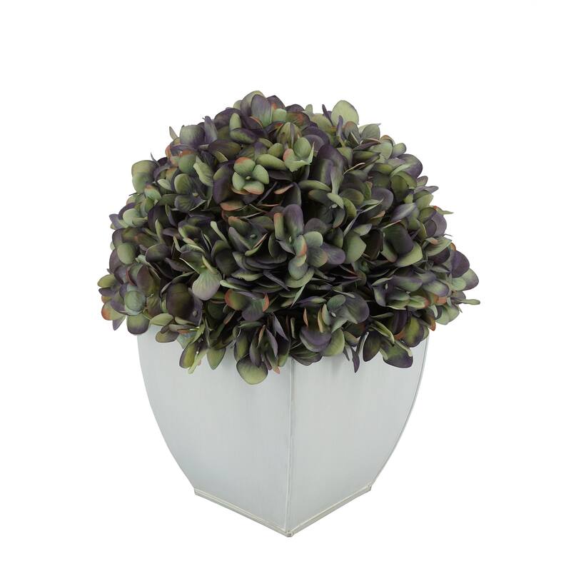 Faux Hydrangea in Cream Tapered Zinc Cube - Antique Purple