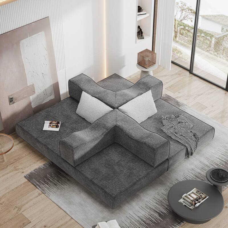 80" Convertible Sofa Bed with 2 Pillows, 2-Seat Folding Floor Couch, Multifunctional Chenille Loveseat Living Room Sleeper Sofa