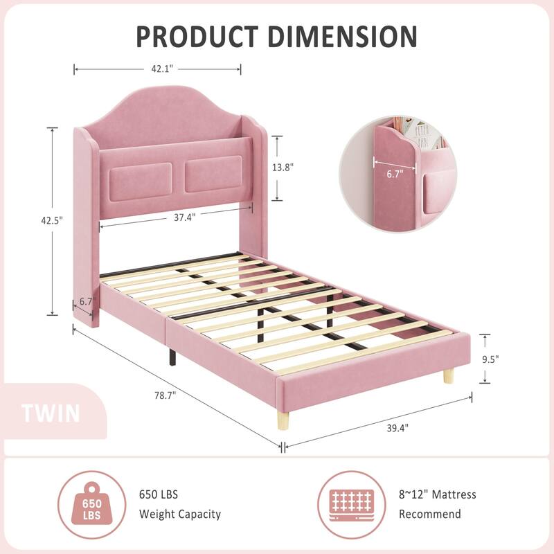Upholstered Twin Bed Frame, with Wing Back Storage Headboard and Led Lights