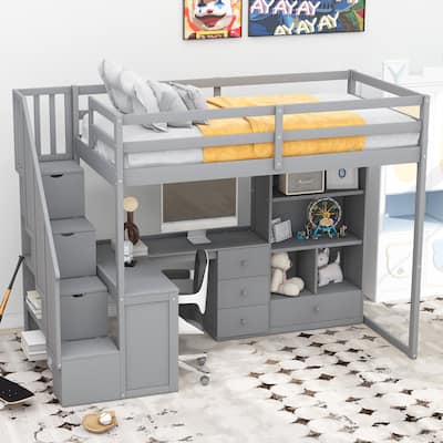 Twin Size Loft Bed w/L-Shaped Desk,Drawers,Cabinet,Storage Staircase