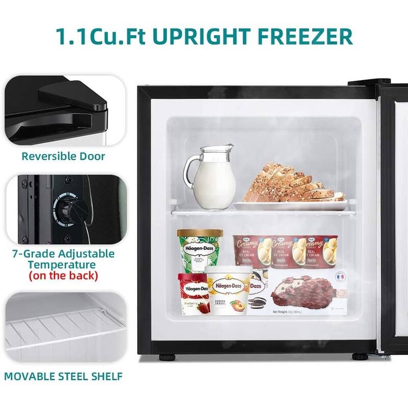 1.1 Cu.ft Compact Upright Freezer, Reversible Door, Adjustable Temp, Removable Shelves, Stainless Steel, White