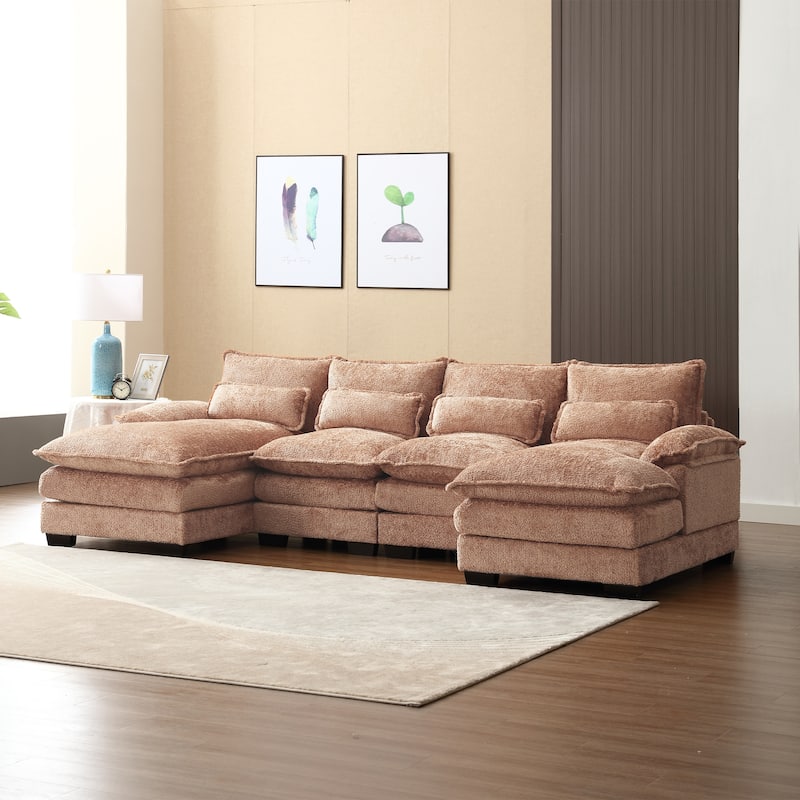 Chenille Upholstered U-Shaped Living Room Sectional Sofa With Wooden Legs