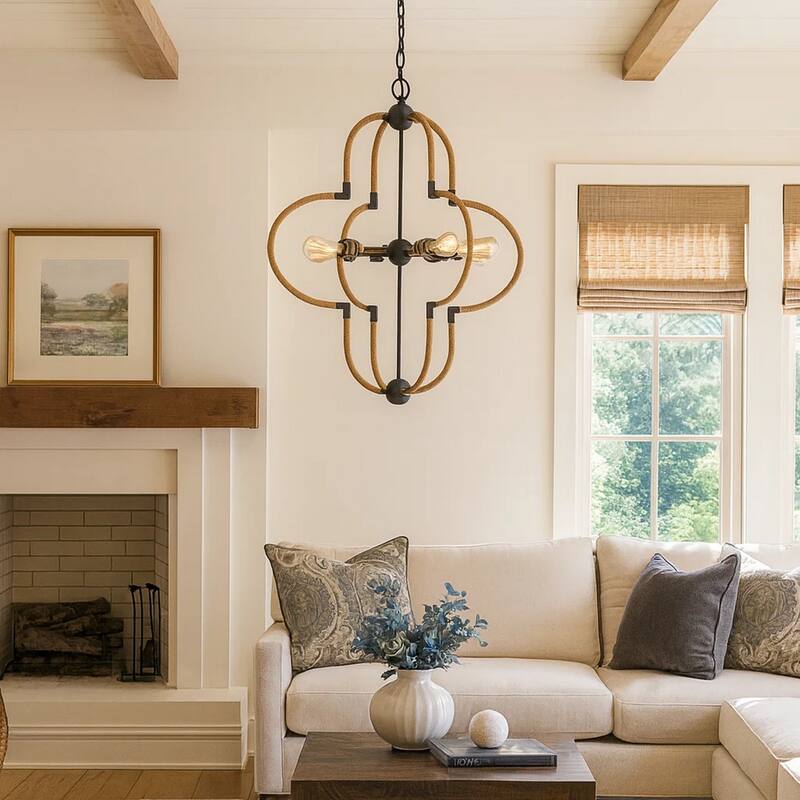 Gemo 36 Inch Chandelier, Crossed Clover Design, Brass Black Metal