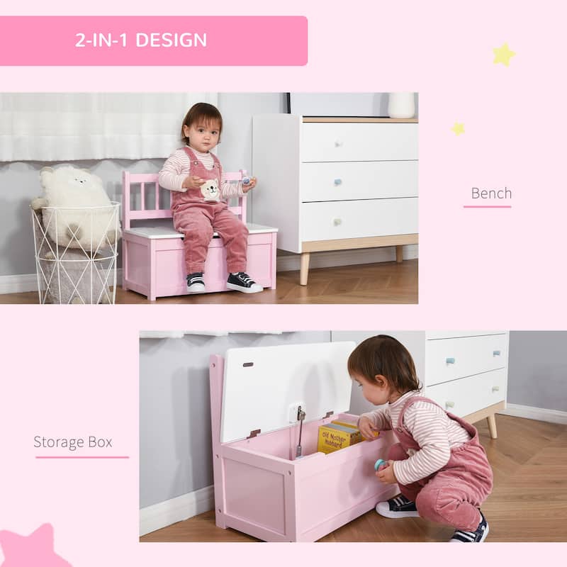 Qaba 2-IN-1 Wooden Toy Box Kids Seat Bench Storage Chest Cabinet Chunk Cube with Safety Pneumatic Rod