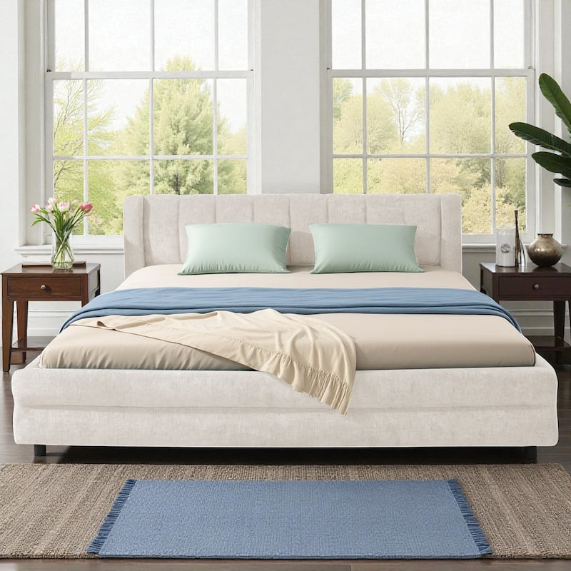 Queen Size Upholstered Bed Frame with Chenille Headboard and Underbed Storage Drawer, Solid Platform Design