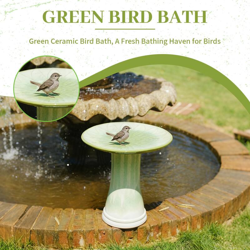 Handmade Green Gradient Glaze Ceramic Bird Bath, 16.93 inch Diameter 18.11 inch Height, Lightweight & Weather-Resistant