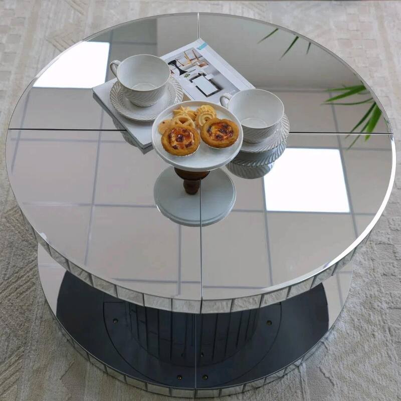 Double-Tier Luxury Round Mirror Coffee & End Table with Fluted Glass - 31.5" Diameter Modern Sofa Side Table