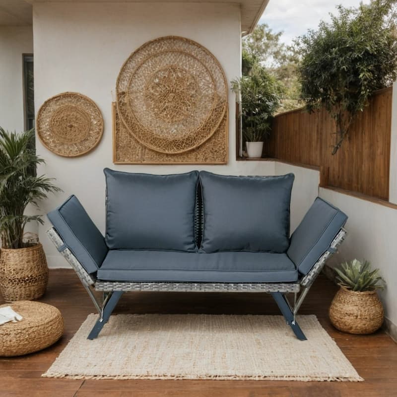 2-Seat Patio Wicker Side Foldable Bench - Grey