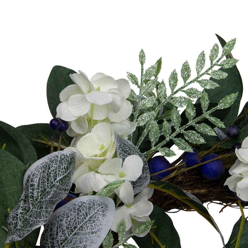 Iced Hydrangeas Blueberries Artificial Christmas Wreath - Unlit 26"