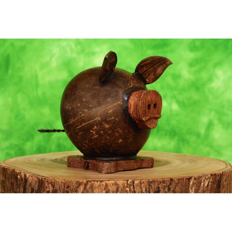 Handmade Coconut Shell Wood Cute Pig Coin Piggy Bank Wooden Hand Carved Keepsake Saving Money Kids - 6" tall x 5" wide x 5" deep
