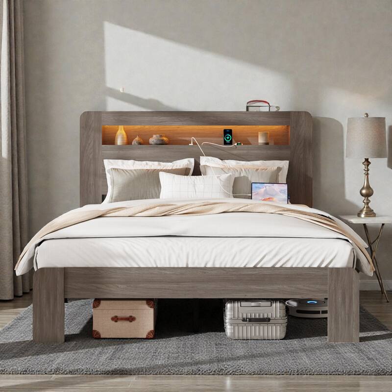 Wood Platform Bed Frame with LED Storage Headboard, USB Charging Ports, Noise-Free Design & Large Underbed Storage