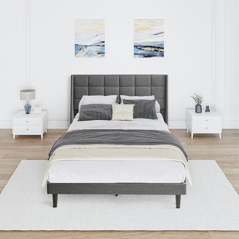 Queen Size Upholstered Bed with Modern Button Tufted Linen Headboard