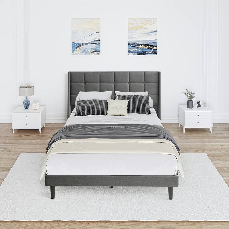 Queen Size Upholstered Platform Bed Frame with Button Tufted Linen Fabric Headboard, No Box Spring Needed, Wood Slat Support