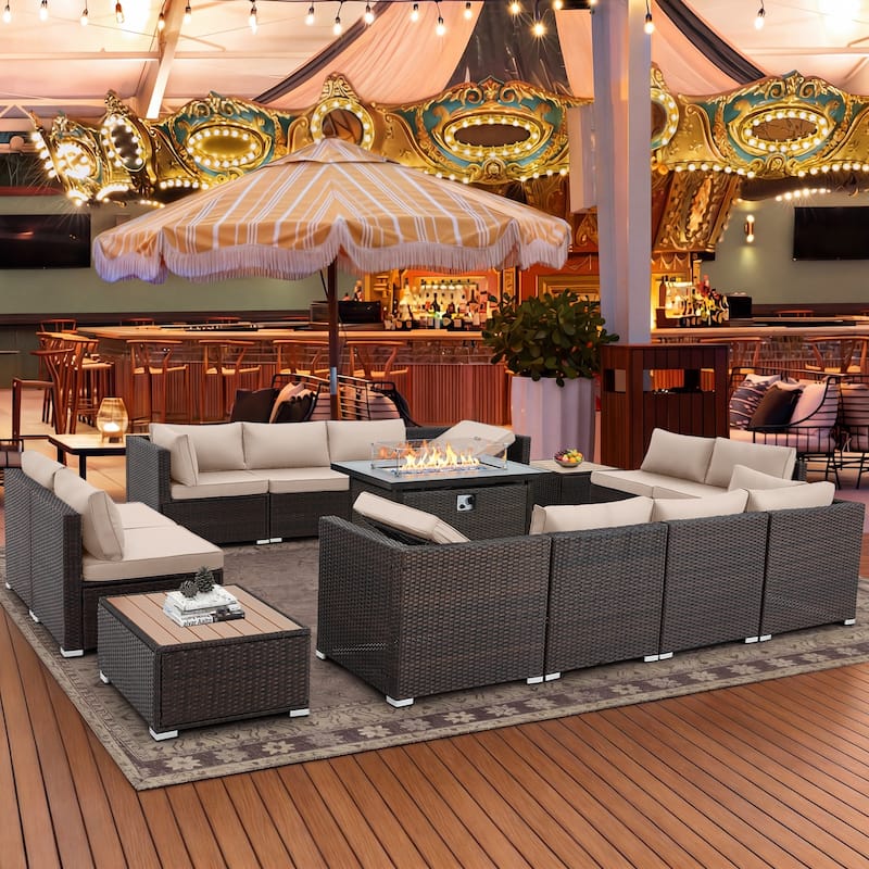 12-Person Patio Conversation Set with Fire Pit Table, All-Weather Wicker Outdoor Furniture