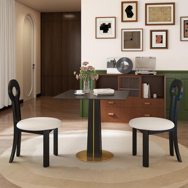 Modern Square Negotiation Table - 85cm Black Sintered Stone Top, Black Wooden Legs with Golden Metal Base