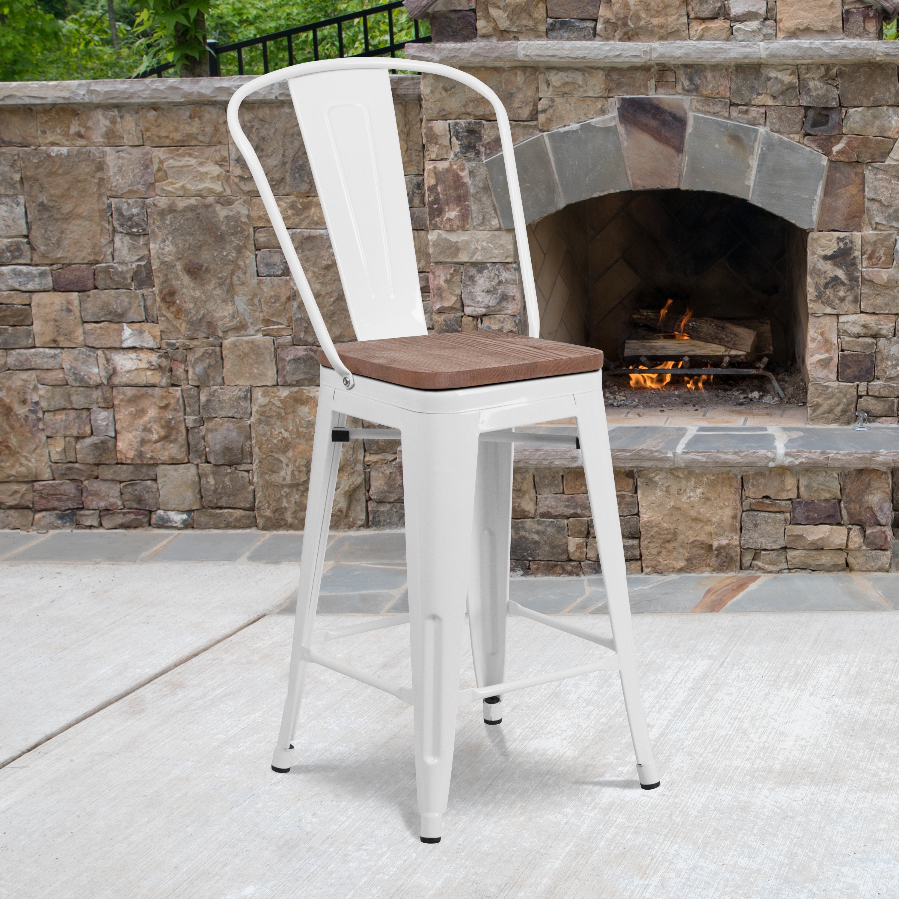White metal stool online with wood seat