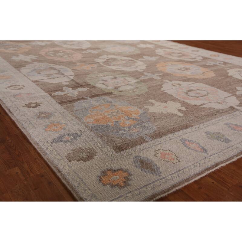 Hand Knotted Oriental 100% Wool Carpet Transitional Geometric Brown Oushak Area Rug - 12' 2'' X 8' 11''