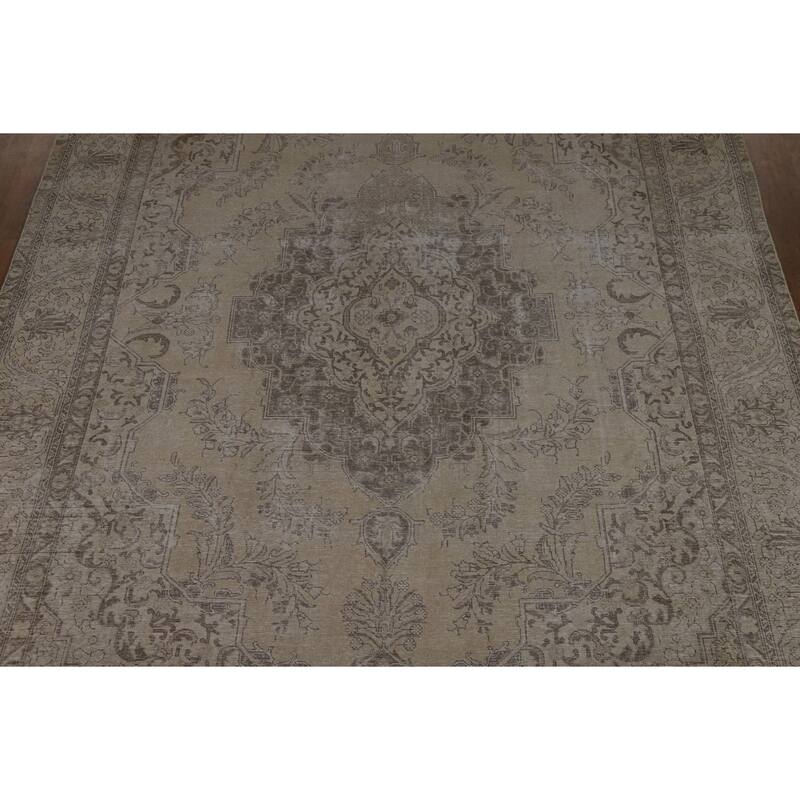 Tabriz Persian Vintage Area Rug Handmade Beige Wool Carpet - 9'4" x 12'10"