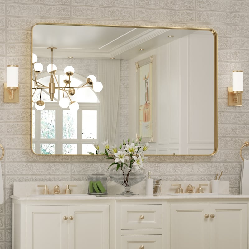 Modern Rectangle Bathroom Vanity Mirror with Metal Frame and Round Corners for Vertical/Horizontal - 30W*40H Inches - Gold
