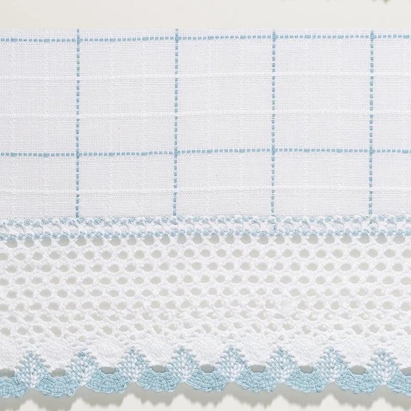 Cotton Classic White Blue Window Pane Pattern and Crotchet Trim Tiers Swags and Valance Options